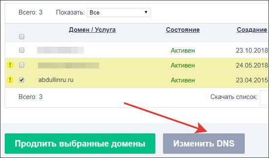 Изменить ДНС записи Указать адреса NS серверов
